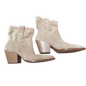 Zara Suede Western Cowboy Boots Women’s Sz 38 US 8 Tan Khaki Leather Pointed Toe